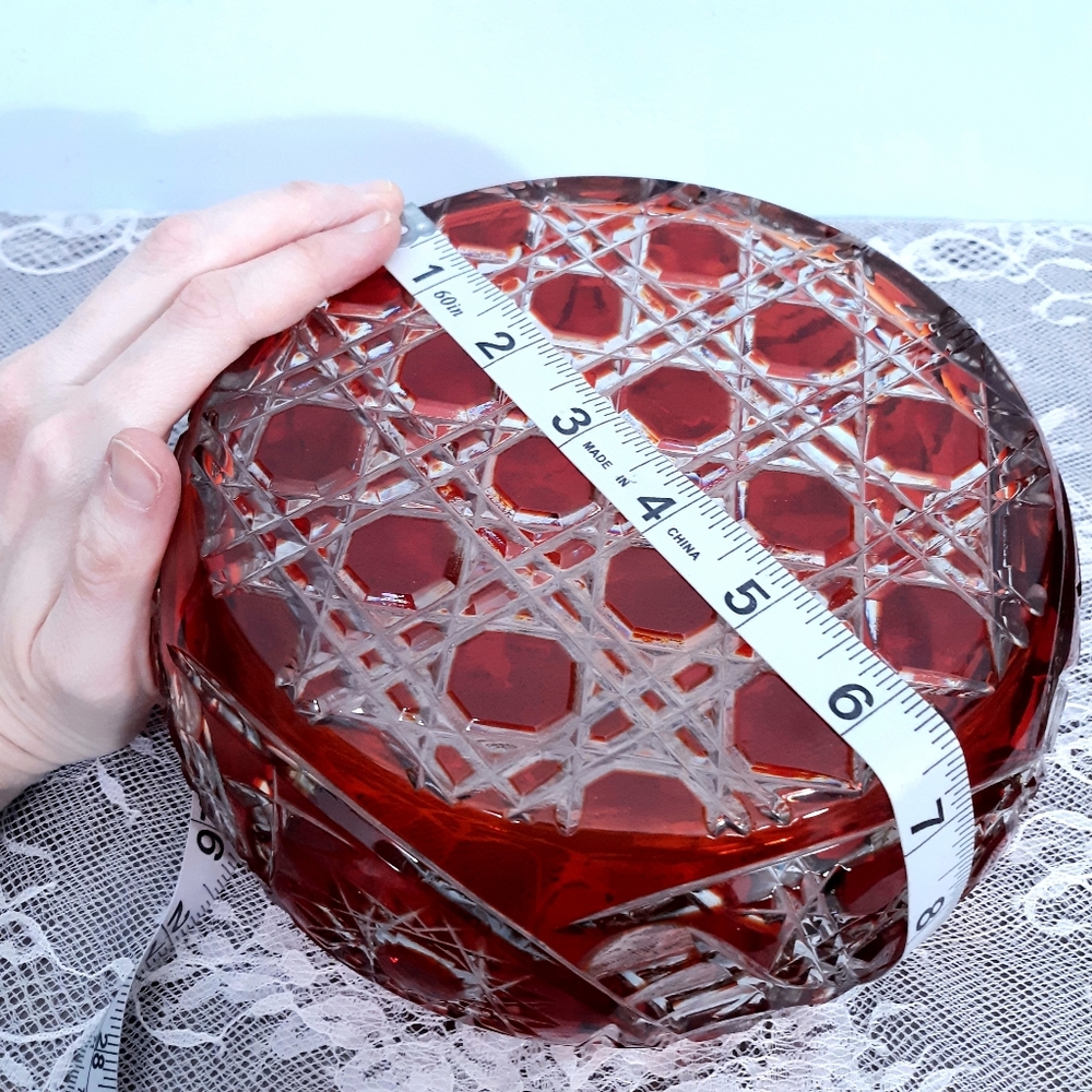 Large Ruby Red Cut to Clear Crystal Glass Centerpiece Bowl for Entertaining - Picture 6 of 16